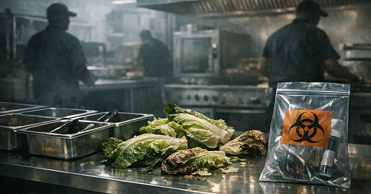 Restaurant prep table with lettuce and empty containers, biohazard bag in foreground, worker silhouettes in background