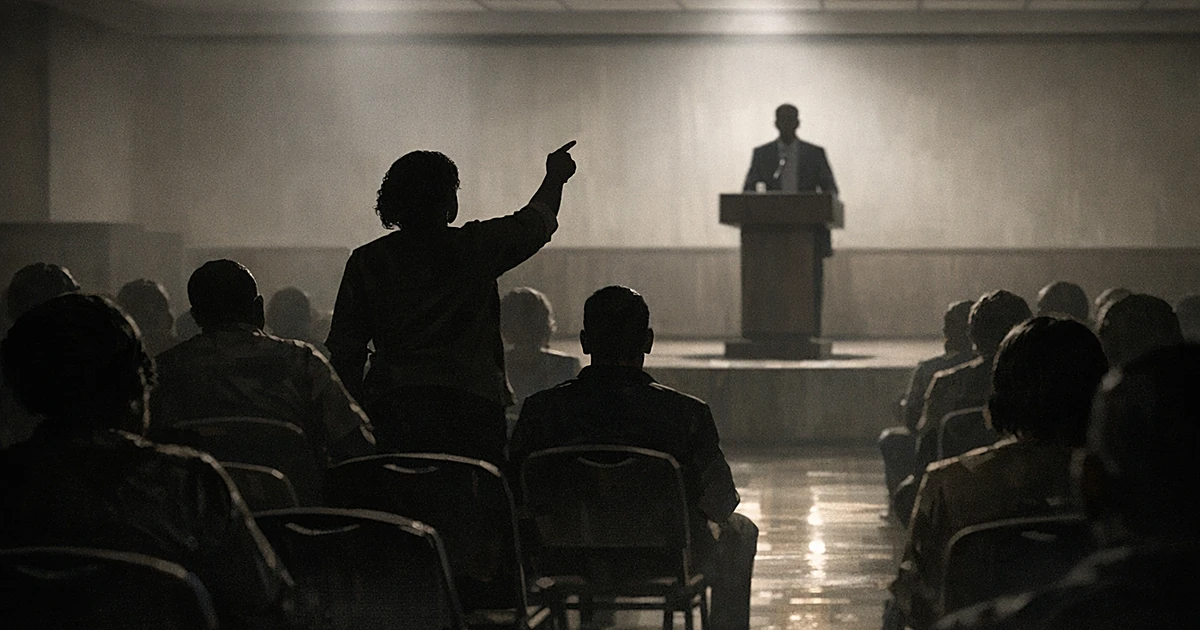 Silhouetted audience member standing with raised arm confronting speaker at podium in community center town hall