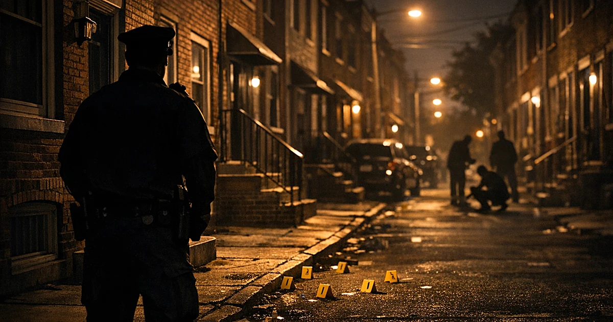Nighttime residential street with silhouetted officer standing near row houses and evidence markers on sidewalk