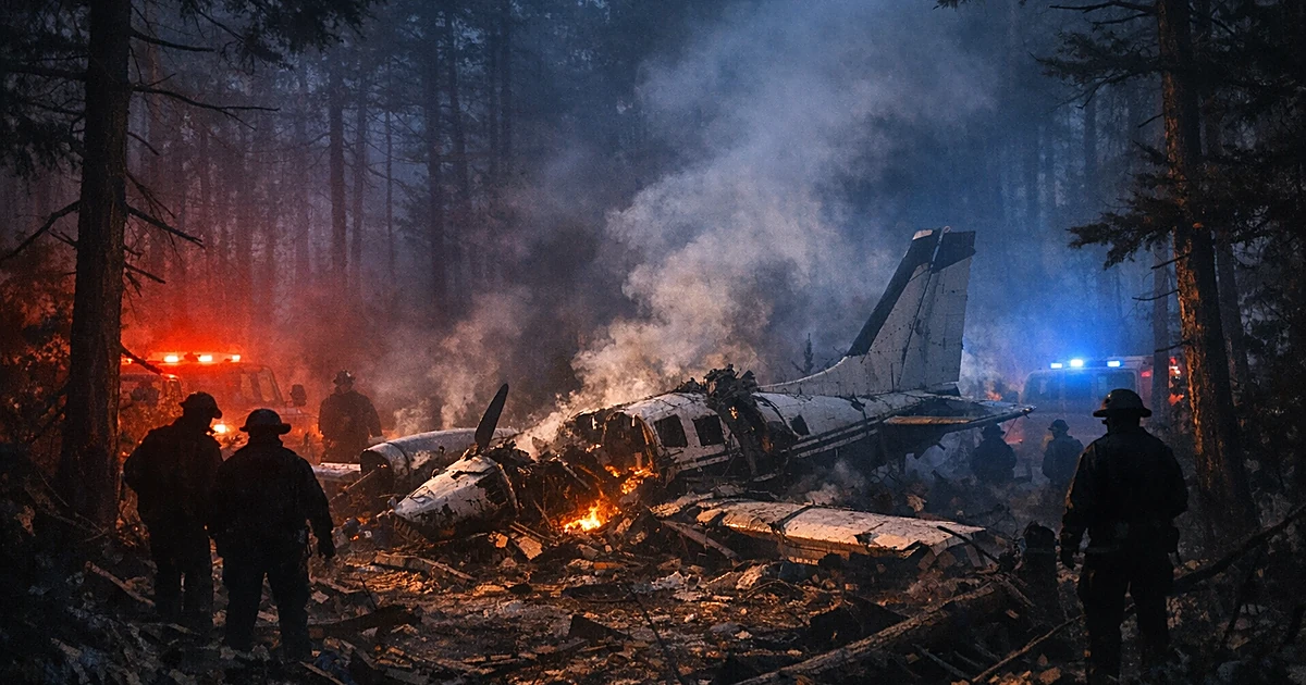 Small plane wreckage among trees with emergency lights illuminating the wooded crash site at dusk