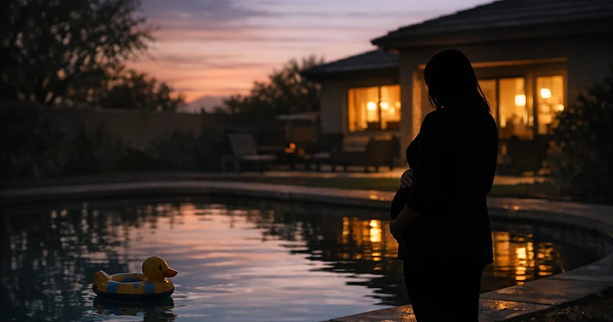 Silhouetted pregnant woman standing by backyard pool at dusk with child's toy floating in water