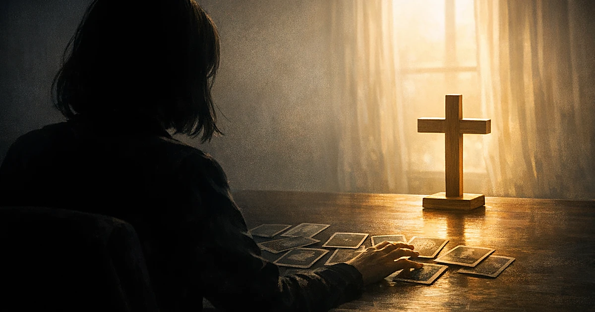 Silhouette of person at desk between scattered tarot cards in shadow and illuminated wooden cross