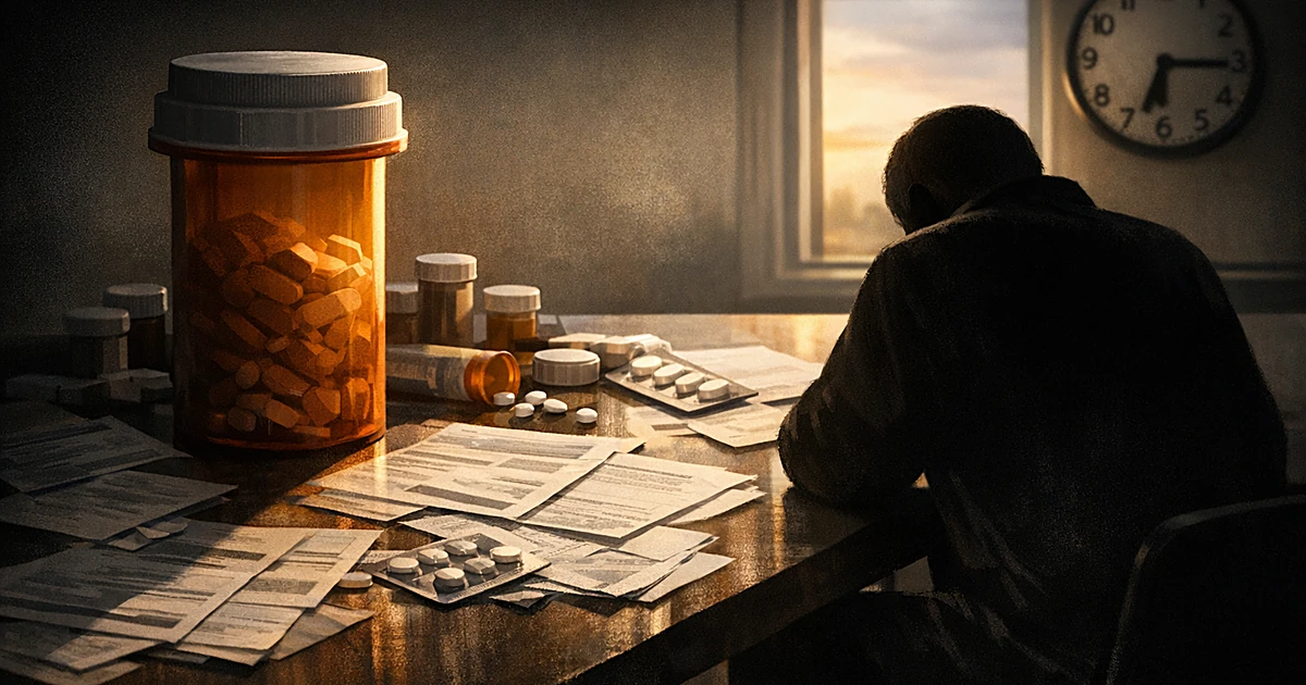 Silhouetted person at table with prescription bottle, Medicare papers, and medication packaging in harsh lighting