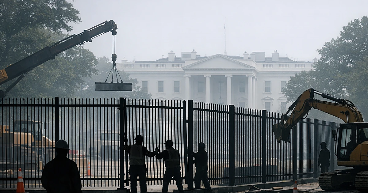Black security fencing being installed in front of a white neoclassical government building with distant worker silhouettes