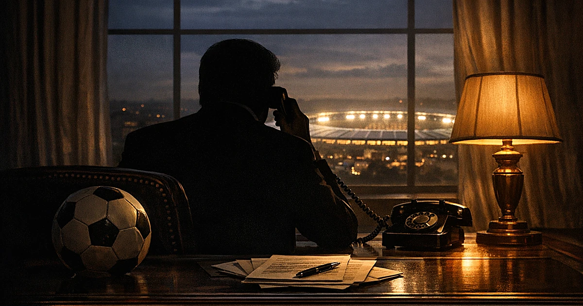 Silhouetted figure on phone at desk with soccer ball, illuminated stadium visible through window behind
