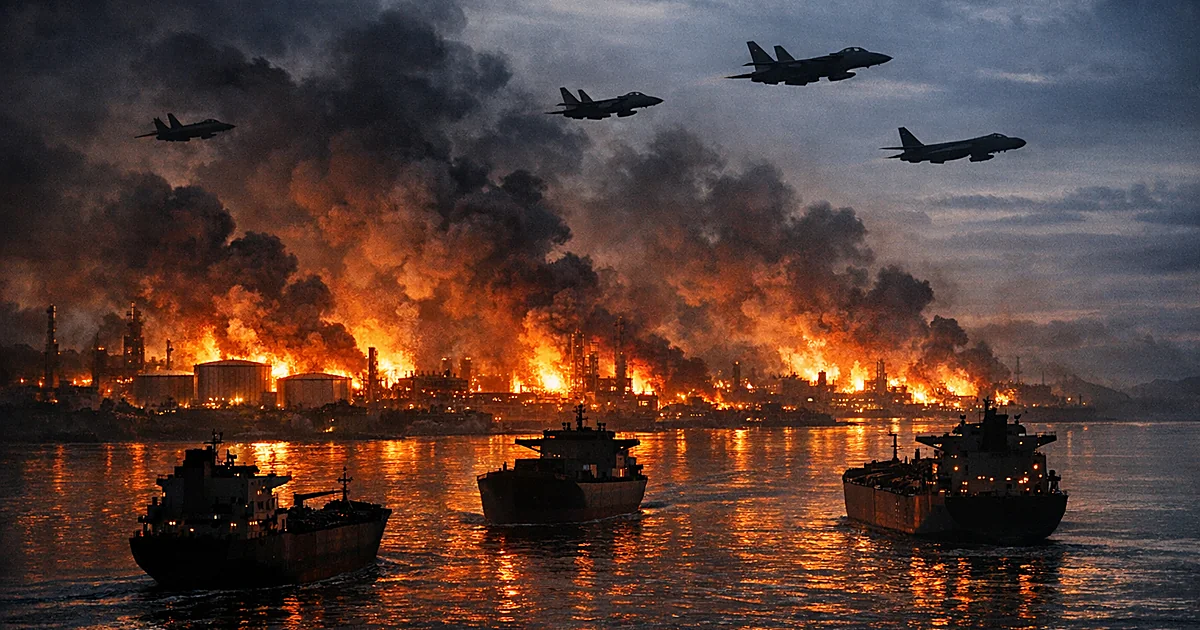 Cargo ships in narrow strait with burning industrial facilities and military aircraft silhouettes against smoky sky