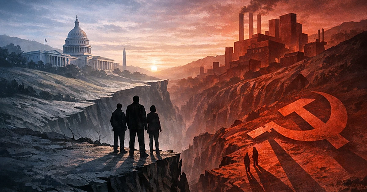 Split scene showing political landscape transitioning from moderate left to extreme left with silhouetted figures