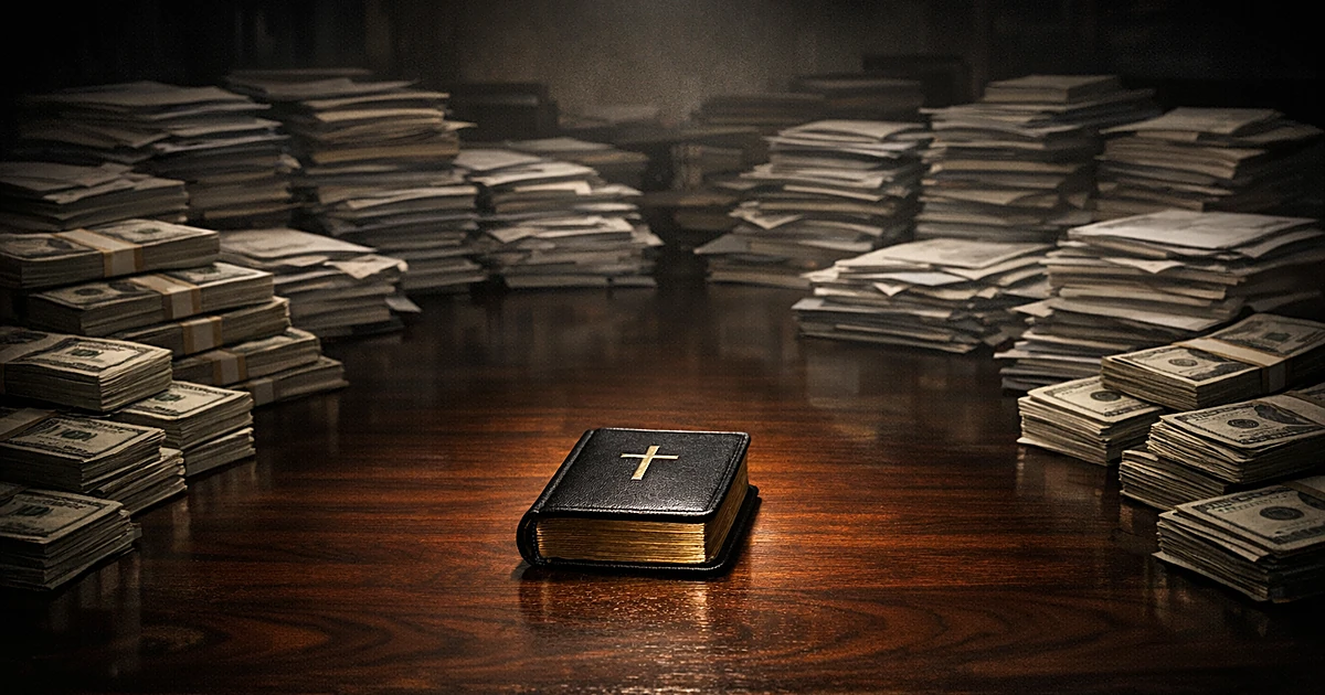 Bible on desk surrounded by much larger stacks of money and financial documents in dramatic lighting
