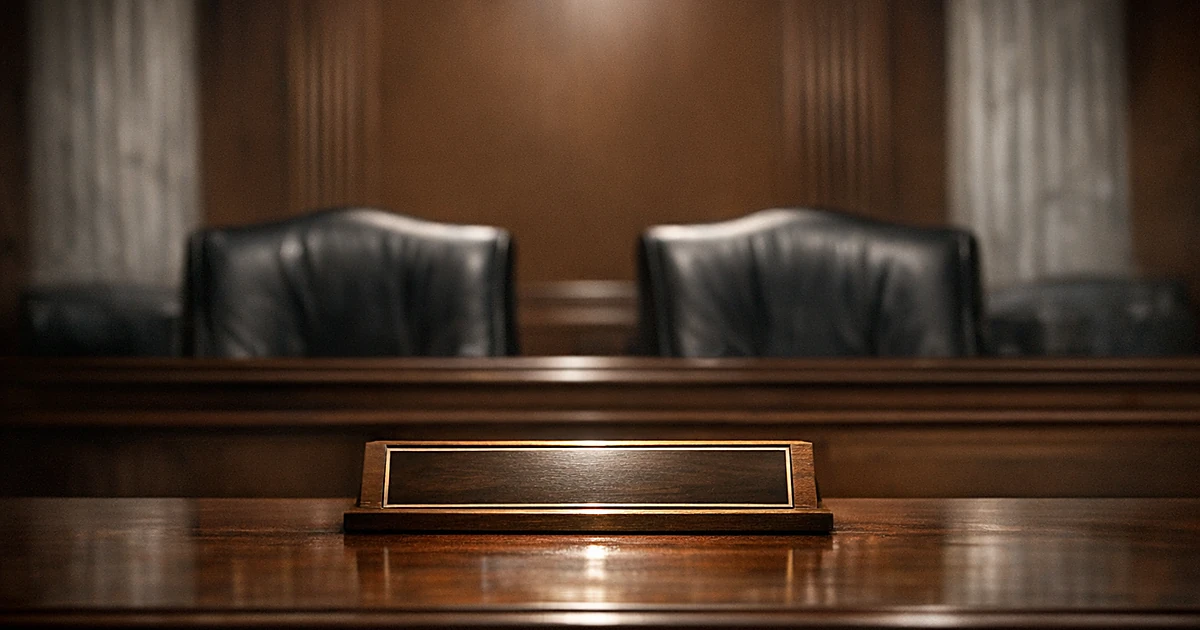 Empty Senate committee chairs face a nameplate on desk, symbolizing blocked nomination vote