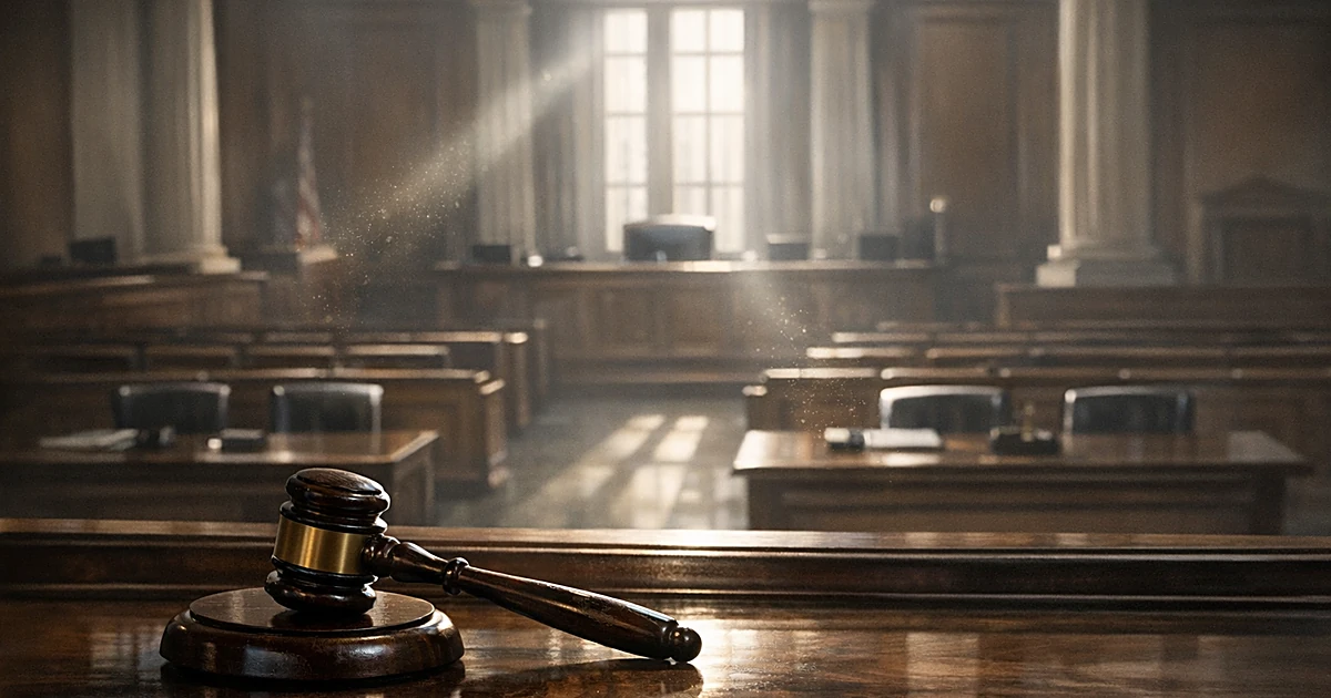 Courtroom interior with gavel on judge's bench, empty seating, and dramatic window light casting shadows