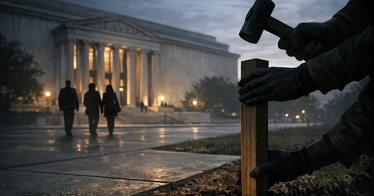 Silhouetted figures install a blank post outside a columned museum building at dusk