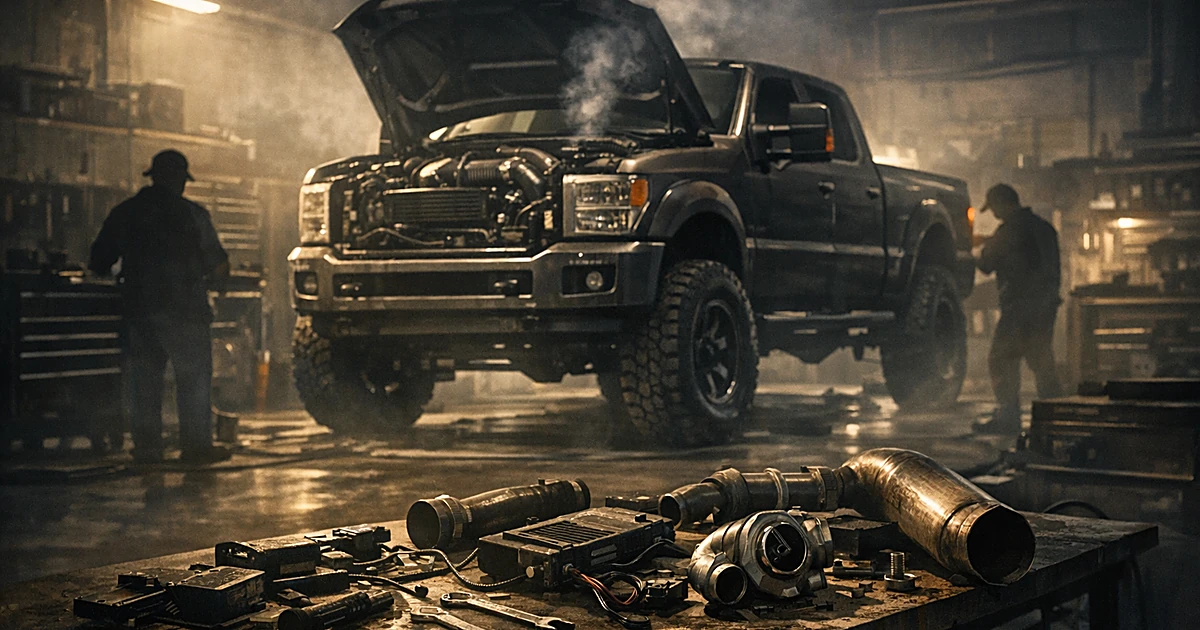 Modified diesel truck with open hood in garage workshop, silhouetted mechanics working in background with tools