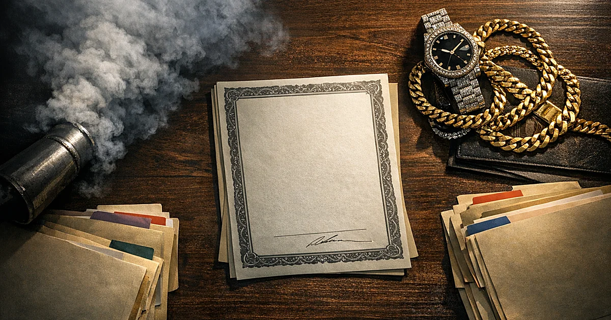 Overhead view of pardon document on desk with exhaust pipe on one side and luxury items on the other