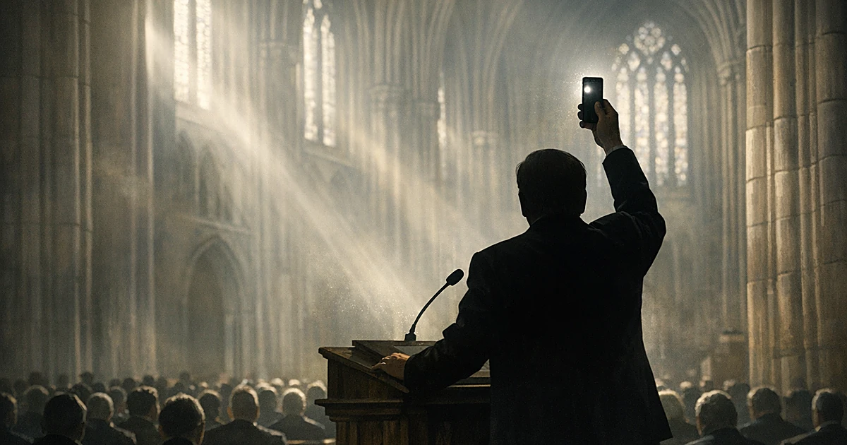 Silhouetted figure at cathedral lectern holding up phone, with congregation seated in pews below
