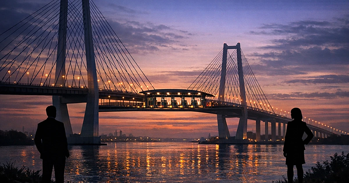 Silhouetted figures on opposite riverbanks facing a cable-stayed bridge at dusk with toll booth at center