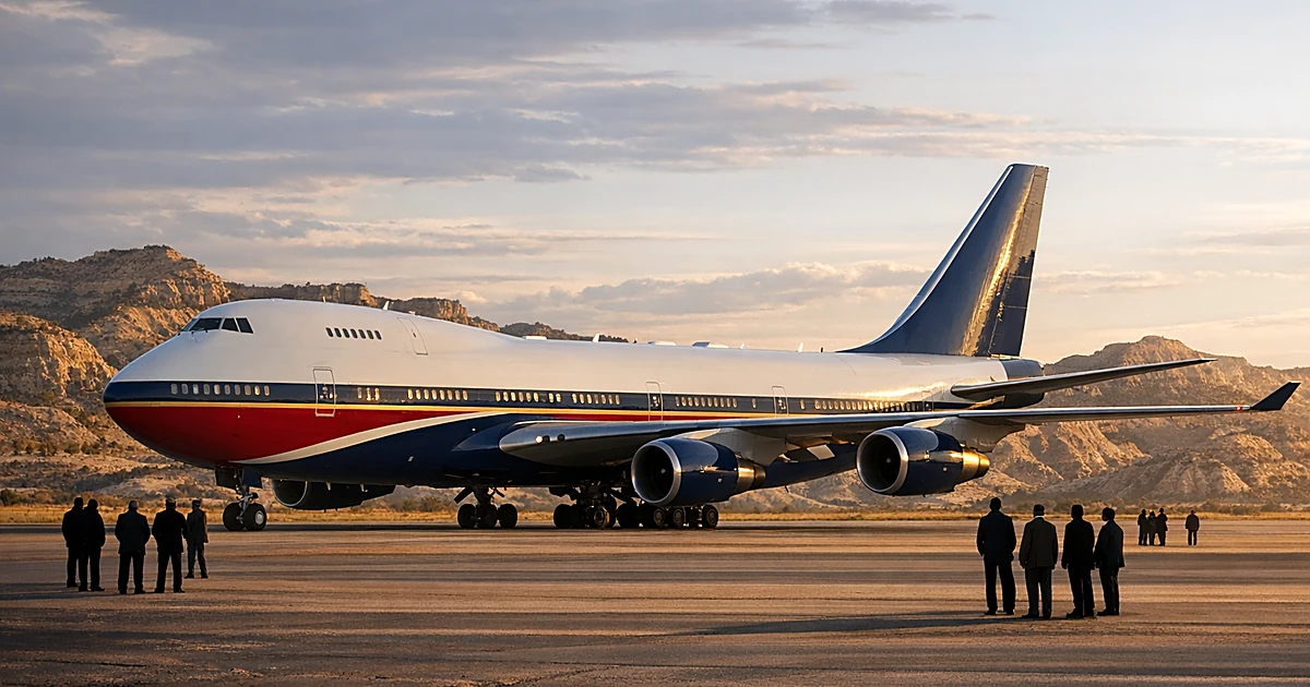 Boeing 747 in red, white, and blue paint scheme on tarmac with North Dakota Badlands rock formations behind