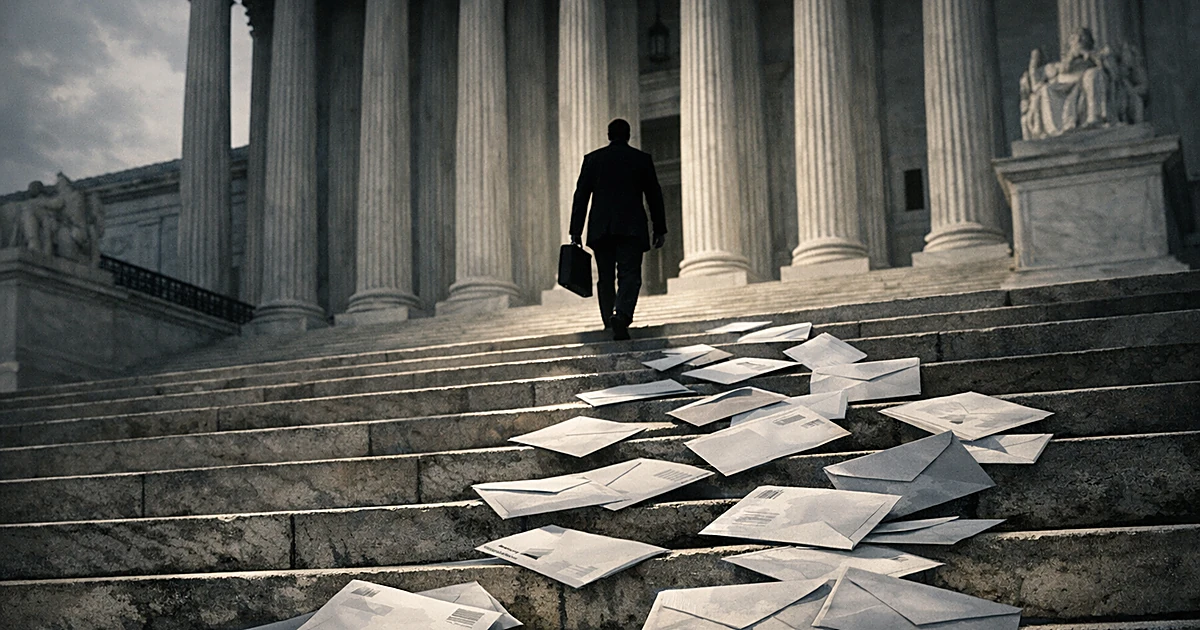 Silhouetted figure ascending courthouse steps scattered with mail-in ballot envelopes