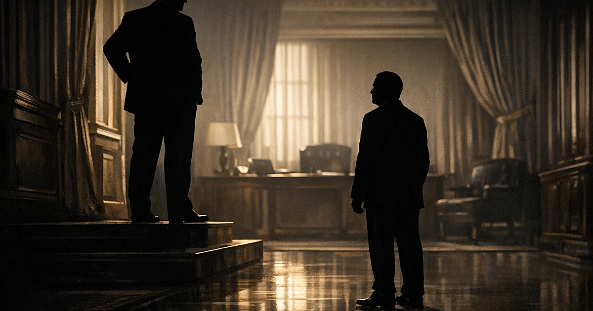 Two silhouetted figures in government office, one elevated above the other, showing power dynamic
