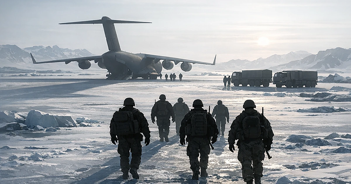 Military aircraft shadow over Arctic landscape with soldier silhouettes walking toward transport vehicles