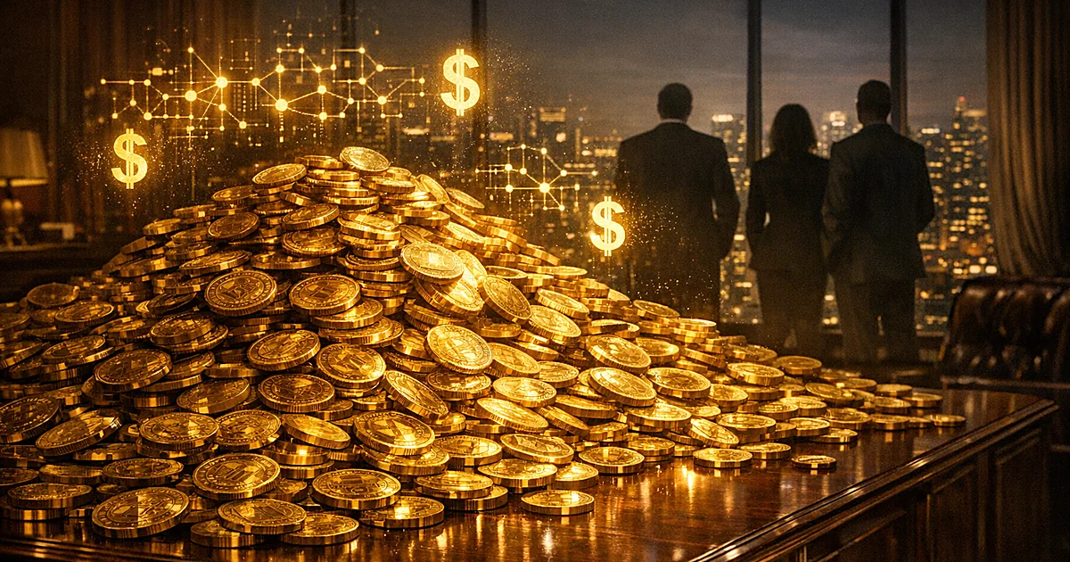Cryptocurrency coins piled on desk with digital holograms and silhouetted business figures viewing city at night