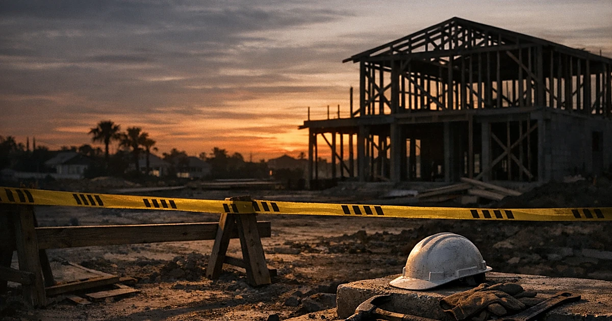 Empty construction site at dusk with caution tape, abandoned hard hat, and building frame silhouetted against sky