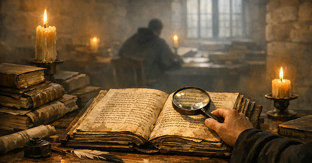 Medieval manuscript open on wooden desk with scholar's hand examining text by candlelight in monastery scriptorium