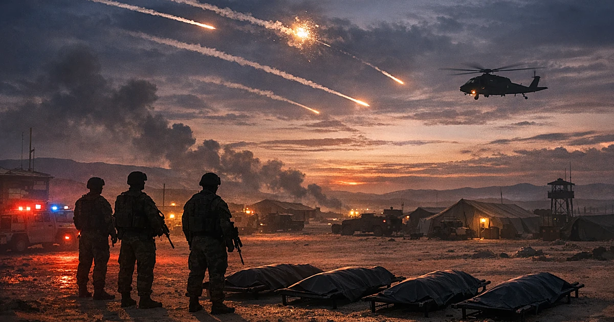 Silhouetted service members at desert outpost with stretchers as missile contrails cross the twilight sky above