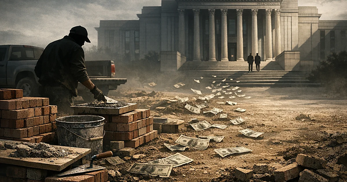 Masonry worksite with tools and materials in foreground, courthouse building in background, scattered currency between
