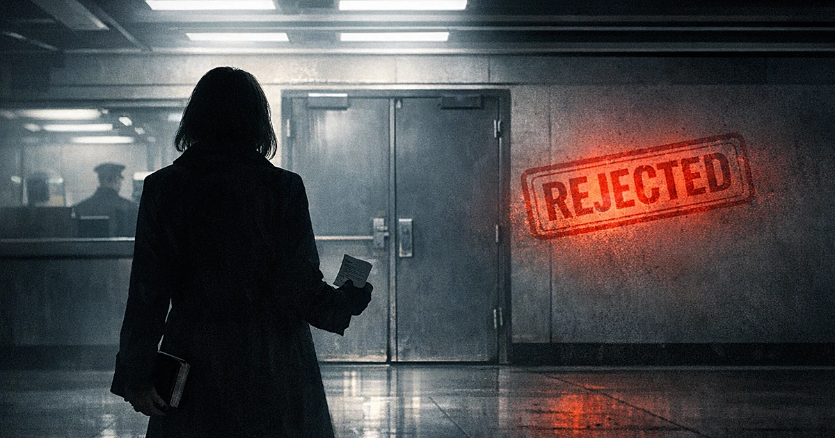 Silhouetted person holding Bible and pamphlet stands before closed door at border checkpoint with red stamp on wall