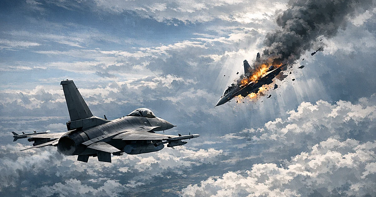 Two fighter jets in aerial combat above clouds, one trailing smoke and debris while descending