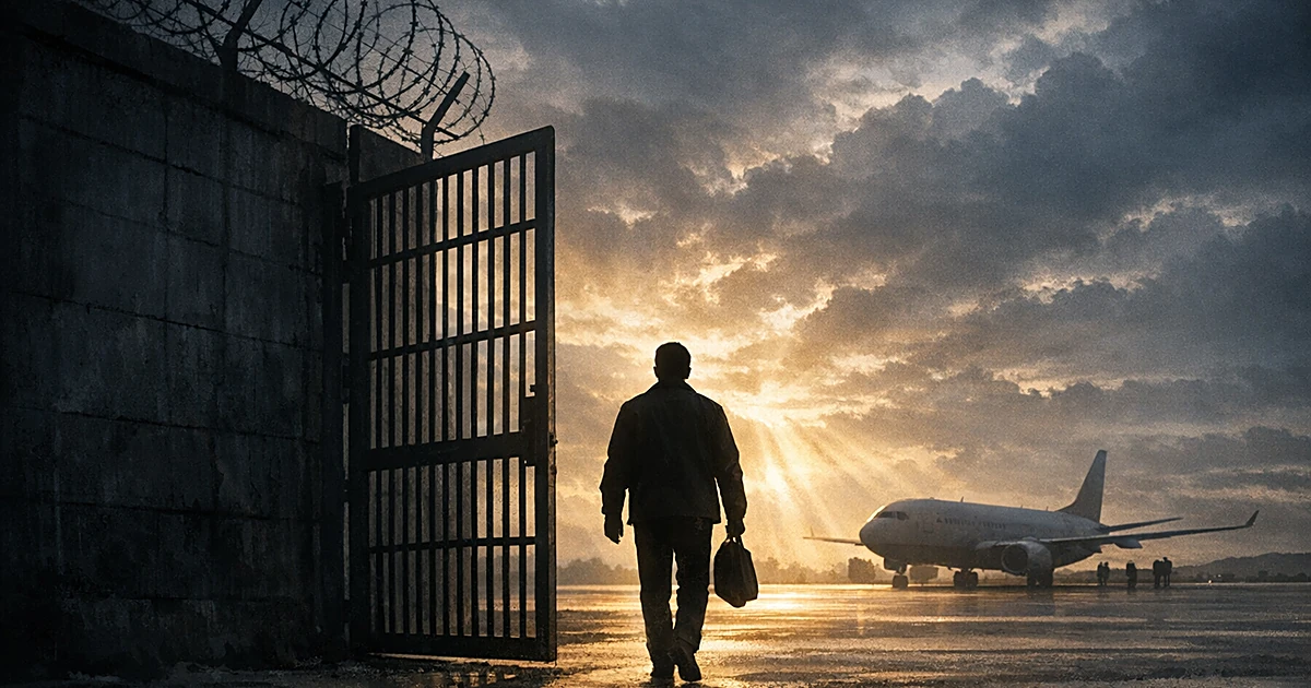 Silhouetted figure walking from prison gate toward airplane on tarmac with dramatic dawn lighting