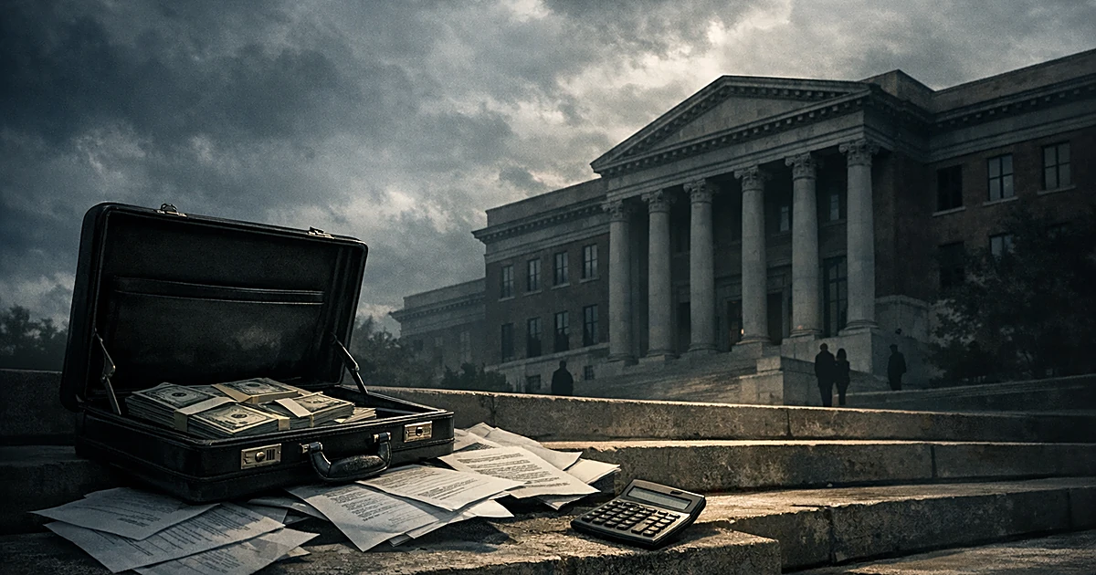 Open briefcase with legal documents on university steps with classical building in background under dark skies