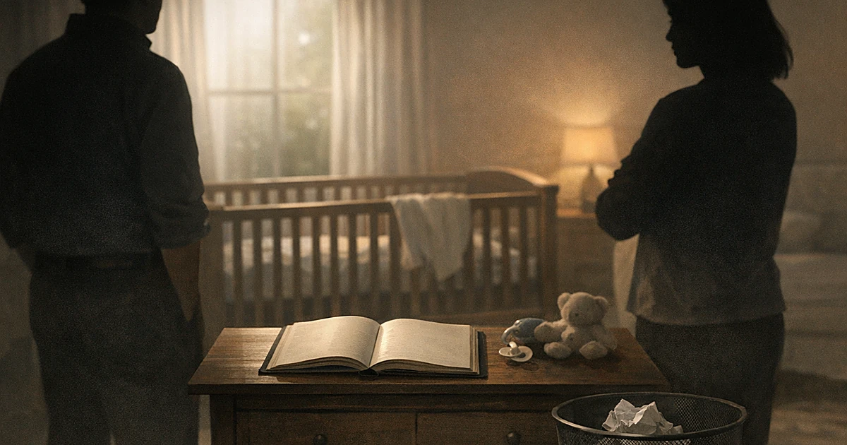 Two silhouettes stand on opposite sides of a crib in a nursery with an open name book between them
