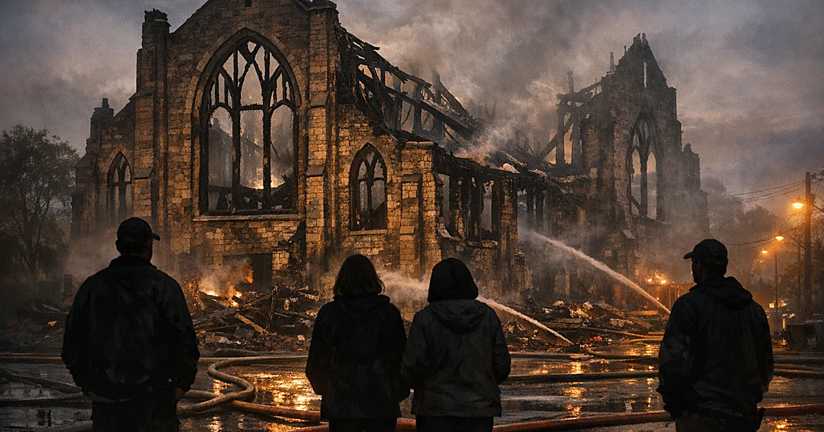 Burned church ruins with empty gothic windows, silhouetted residents viewing from behind, fire hoses on wet ground