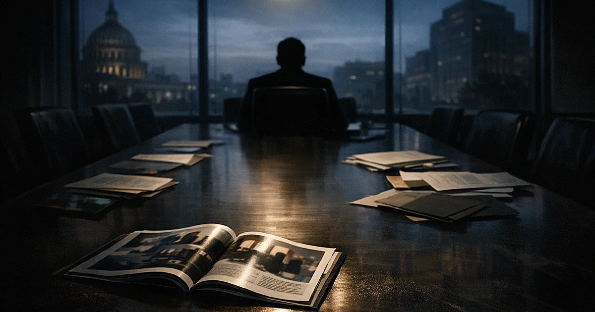 Silhouetted figure alone at conference table with documents, government buildings visible through windows at dusk