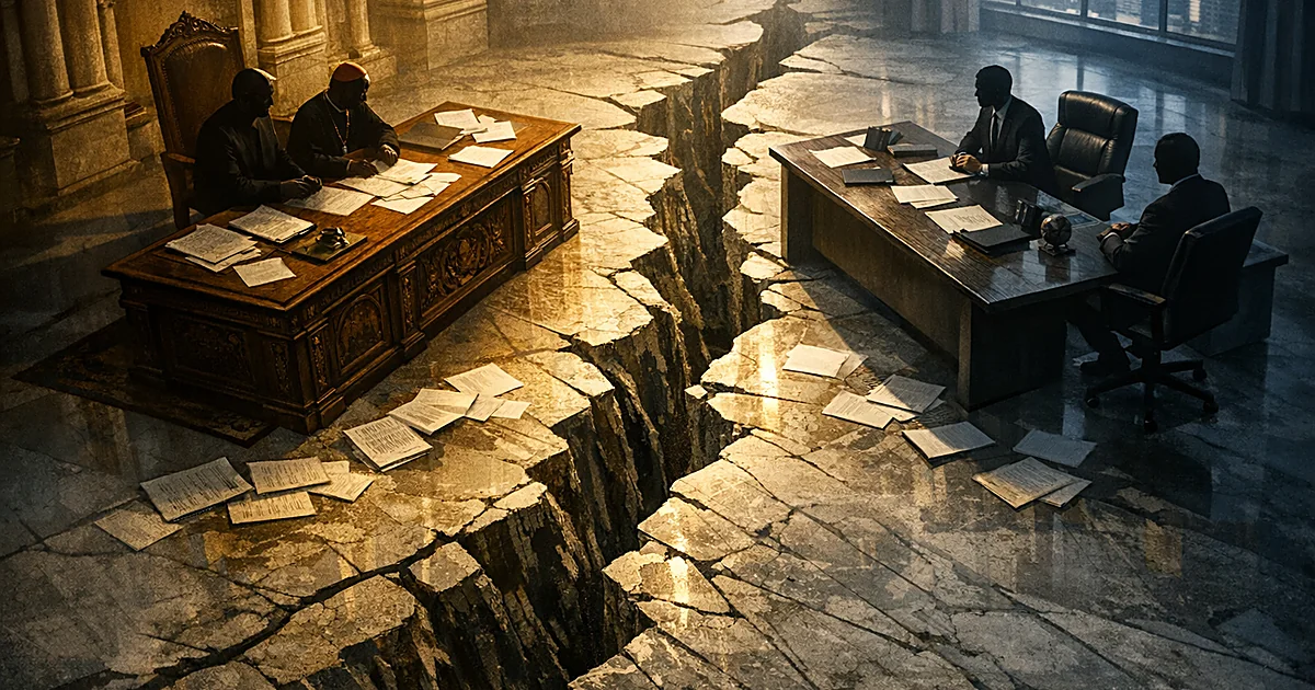 Two opposing desks separated by a crack in marble floor, representing Vatican-White House diplomatic tension
