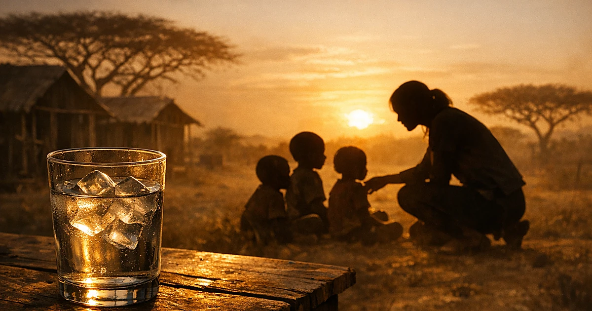 Silhouette of volunteer with children at sunset, glass of ice water in foreground, African landscape behind