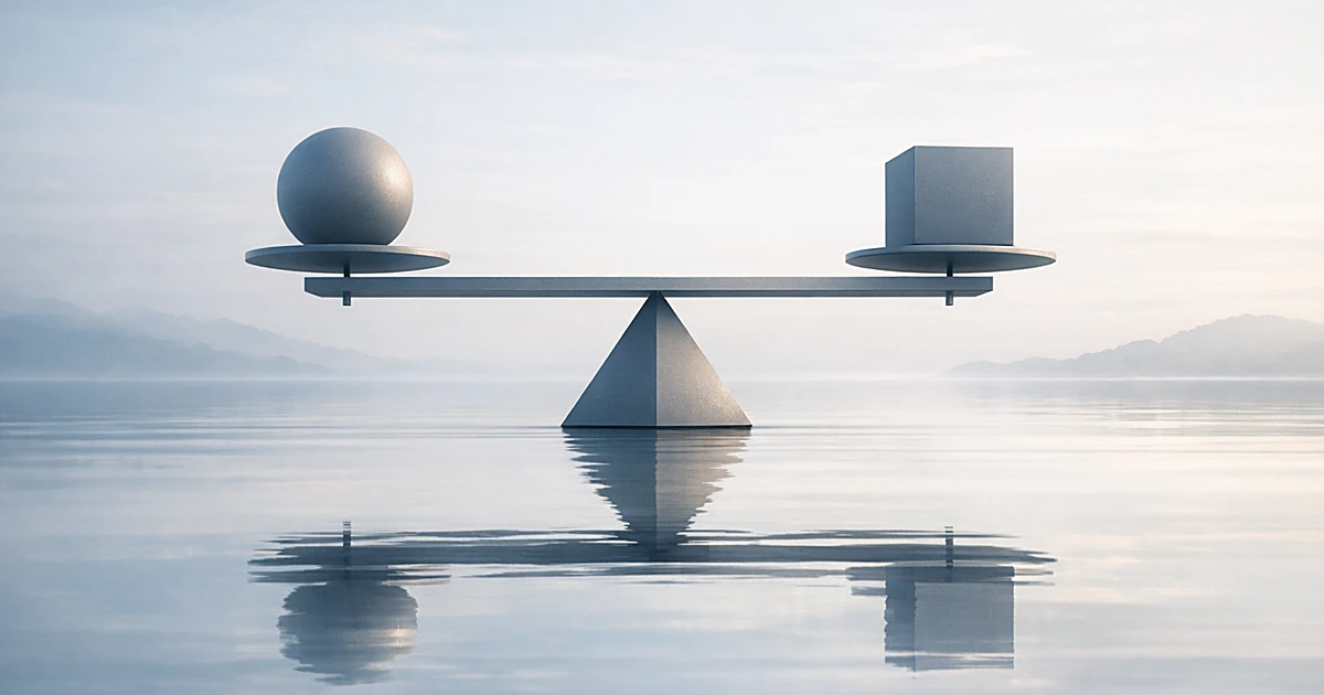 Abstract geometric scales balanced above calm water with soft lighting and blue-gray tones