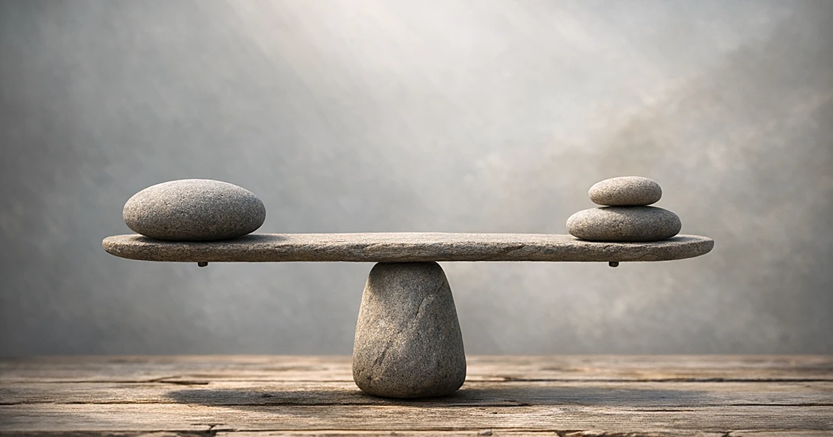 Abstract stone balance scales on wooden surface with soft natural lighting
