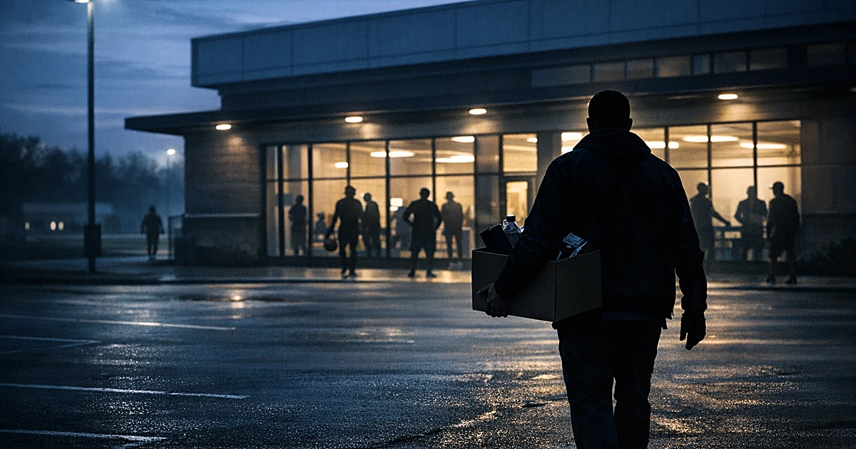 Silhouetted person carrying box walks away from football facility at dusk with figures visible in distant windows