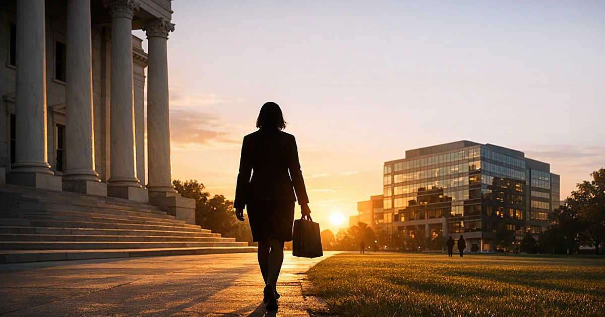 Silhouette of person walking from columned government building toward modern office building with briefcase