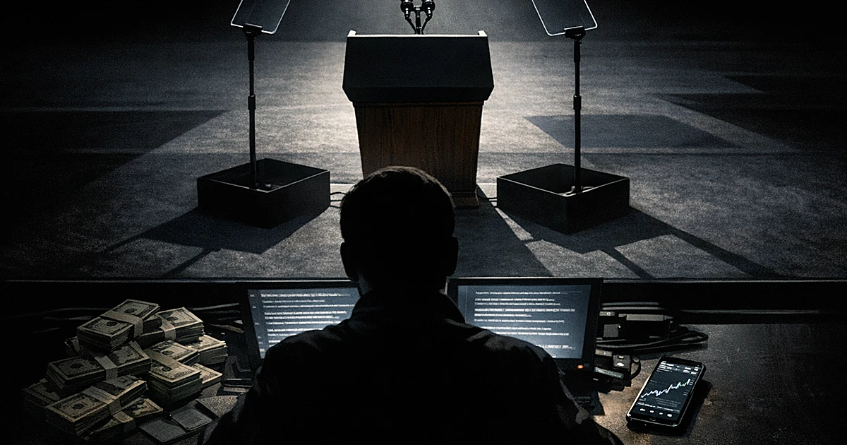 Teleprompter screens beside empty podium with silhouetted operator at control desk surrounded by cash and betting screens