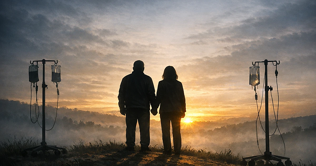 Two silhouettes holding hands at dawn with abandoned medical equipment in foreground, symbolizing cancer survival