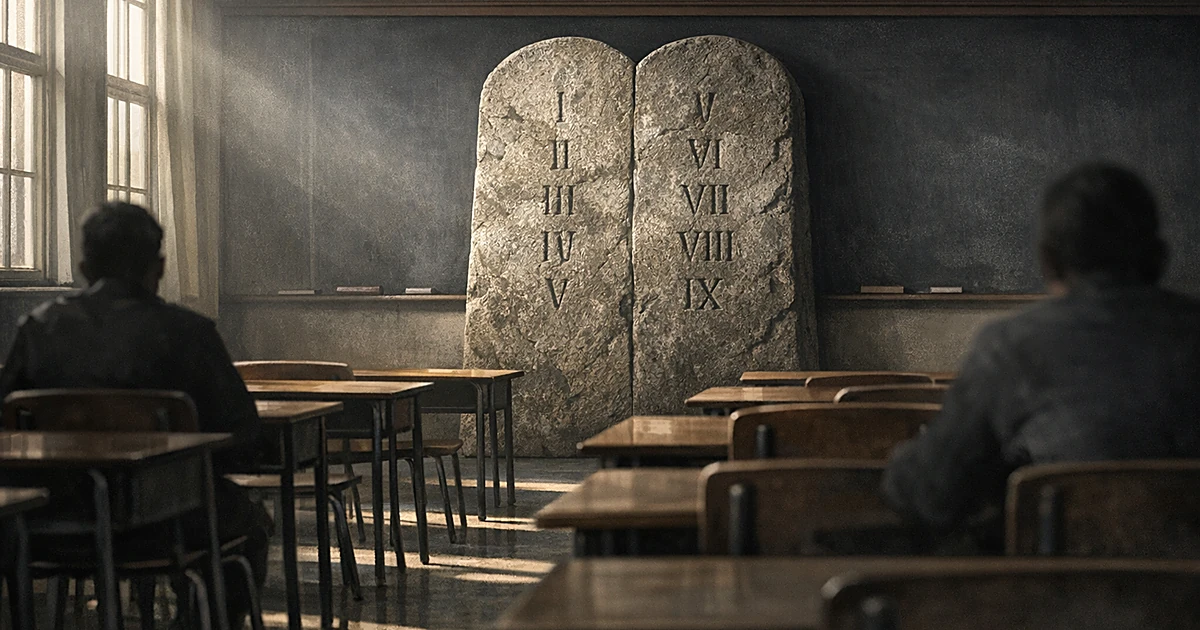 Empty classroom with stone tablet bearing Roman numerals leaning against blackboard, lit by dramatic window light