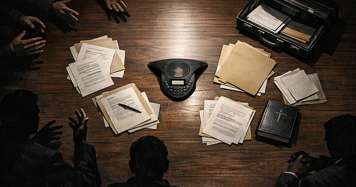 Conference table with phone, legal documents, and Bible suggesting coordination between government and faith groups