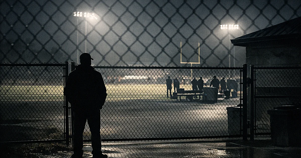 Silhouetted figure standing outside football stadium fence at night, separated from illuminated field