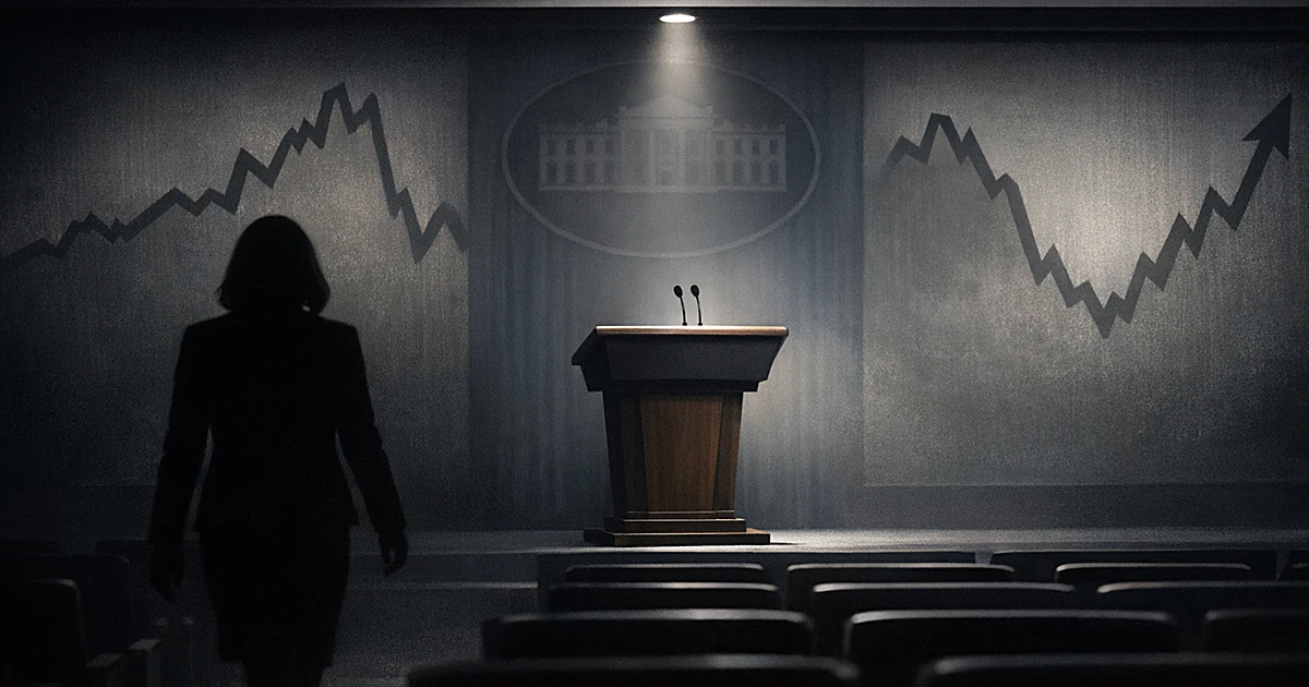 Silhouette walking away from illuminated empty podium in press briefing room with market graph shadows on walls