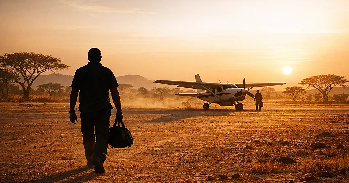 Silhouetted person walking toward small aircraft on African airstrip at sunset with acacia trees in background