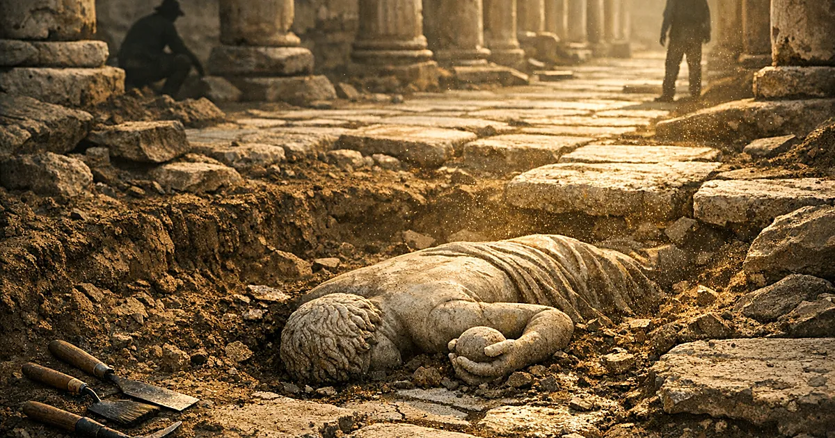 Marble statue lying face-down on ancient Roman street pavement during archaeological excavation beneath columns