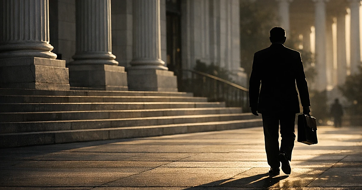 Silhouetted figure with briefcase walking away from white columned government building in afternoon light